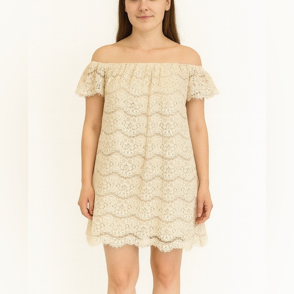 Elegant White & Cream Lace Off-Shoulder Dress - Picture 1 of 4